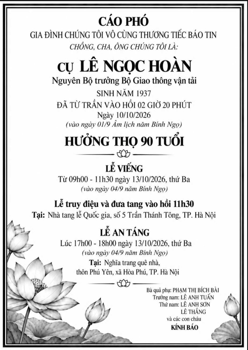 Nguyên Bộ trưởng Bộ Giao thông vận tải Lê Ngọc Hoàn từ trần